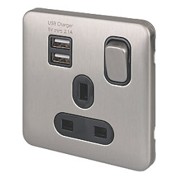 Schneider Electric Lisse Deco 13A 1-Gang SP Switched Socket + 2.1A 10.5W 2-Outlet Type A USB Charger Brushed Stainless Steel with Black Inserts