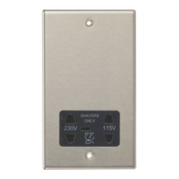 Contactum Iconic 2-Gang Dual Voltage Shaver Socket 115 - 230V Brushed Steel with Black Inserts