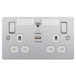 LAP  13A 2-Gang SP Switched Wi-Fi Extender Socket + 2.1A 10.5W 1-Outlet Type A USB Charger Brushed Stainless Steel with White Inserts