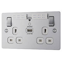 LAP  13A 2-Gang SP Switched Wi-Fi Extender Socket + 2.1A 1-Outlet Type A USB Charger Brushed Stainless Steel with White Inserts