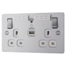 LAP  13A 2-Gang SP Switched Wi-Fi Extender Socket + 2.1A 10.5W 1-Outlet Type A USB Charger Brushed Stainless Steel with White Inserts