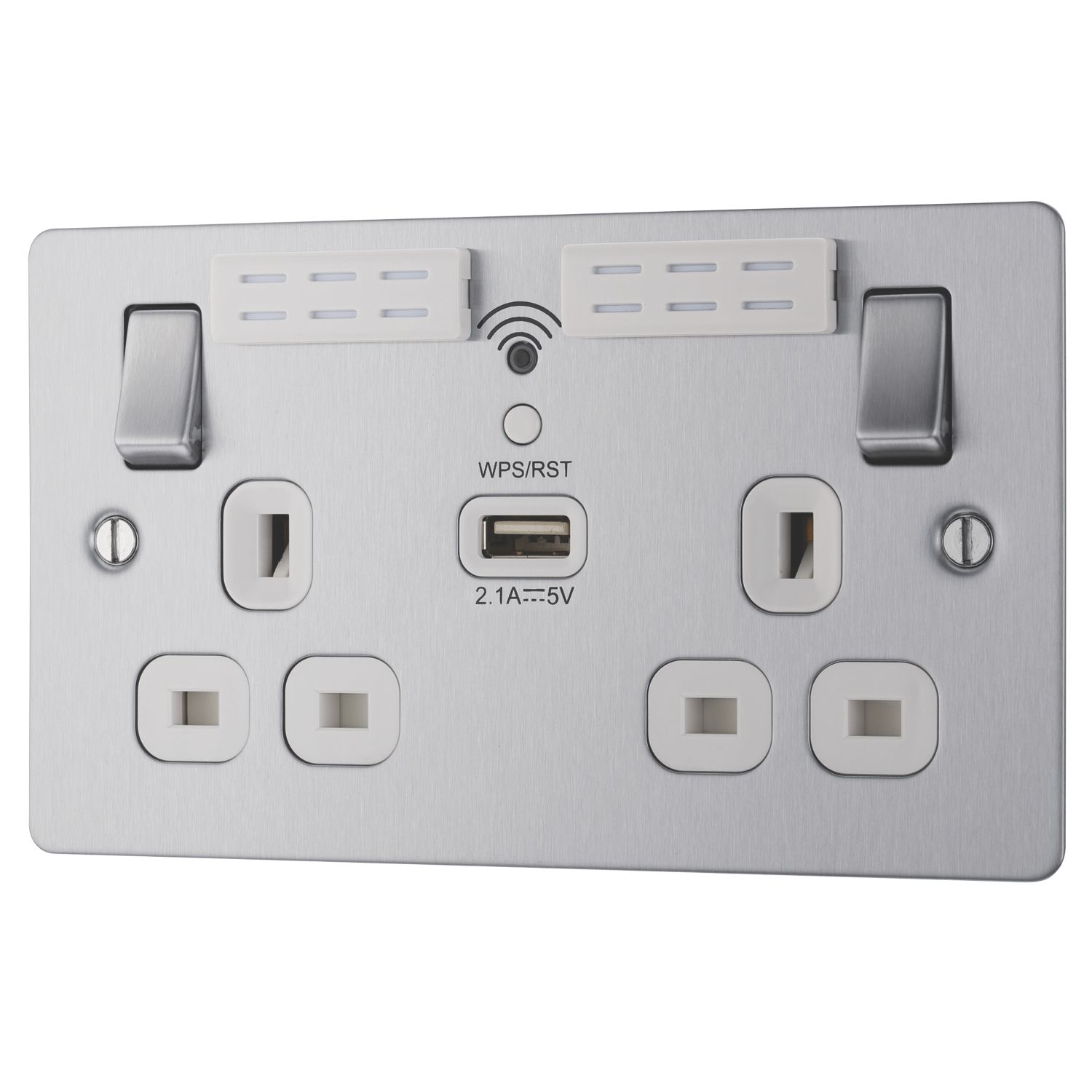 LAP 13A 2-Gang SP Switched Wi-Fi Extender Socket + 2.1A 10.5W 1-Outlet Type A USB Charger Brushed Stainless Steel with White Inserts (883HF)