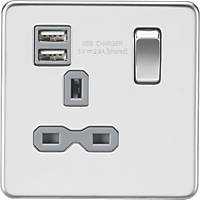 Knightsbridge SFR9124PCG 13A 1-Gang SP Switched Socket + 2.1A 2-Outlet Type A USB Charger Polished Chrome with Colour-Matched Inserts