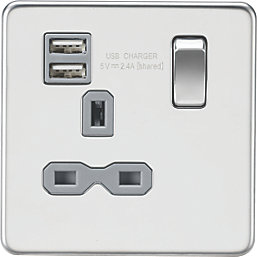 Knightsbridge  13A 1-Gang SP Switched Socket + 2.1A 12W 2-Outlet Type A USB Charger Polished Chrome with Colour-Matched Inserts