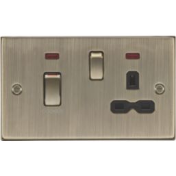 Knightsbridge  45A 2-Gang DP Cooker Switch & 13A DP Switched Socket Antique Brass with LED with Black Inserts