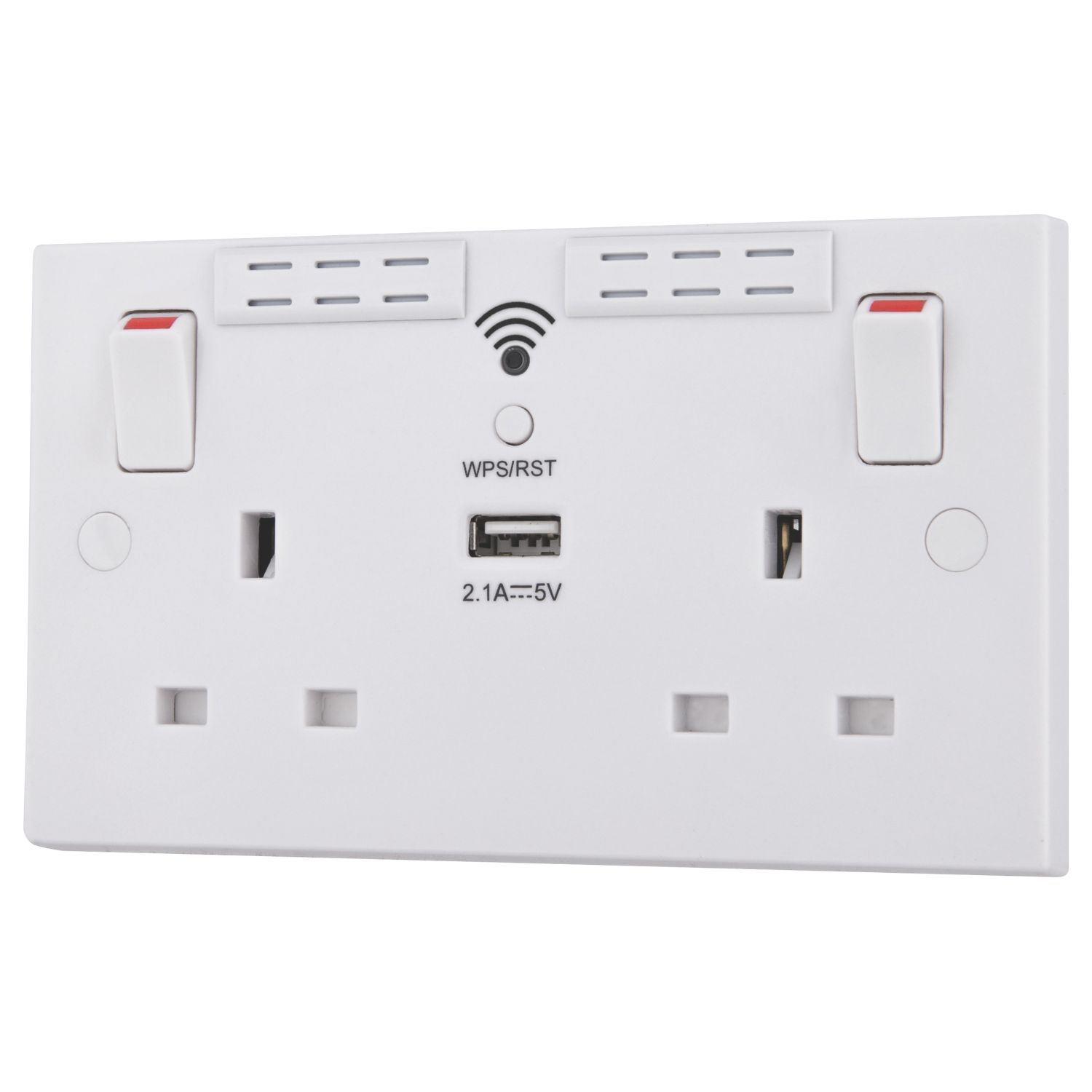 British General 900 Series 13A 2-Gang SP Switched Wi-Fi Extender Socket + 2.1A 10.5W 1-Outlet Type A USB Charger White (8865V)