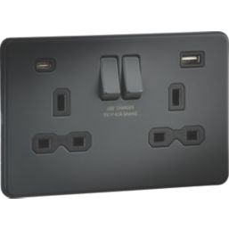 Knightsbridge  13A 2-Gang SP Switched Socket + 4.0A 20W 2-Outlet Type A & C USB Charger Anthracite with Black Inserts