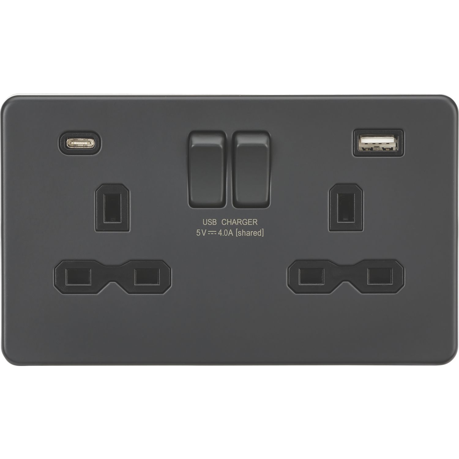 Knightsbridge 13A 2-Gang SP Switched Socket + 4.0A 20W 2-Outlet Type A & C USB Charger Anthracite with Black Inserts (886PY)