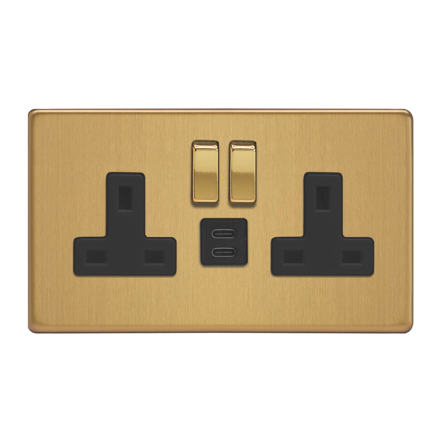 Varilight 13A 2-Gang SP Switched Socket + 3A 45W 2-Outlet Type C USB Charger Brushed Brass with Black Inserts (889EC)