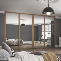 Spacepro Shaker 4-Door Framed Sliding Wardrobe Doors Oak Frame Mirror Panel 2898mm x 2260mm