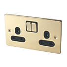 Schneider Electric Ultimate Low Profile 13A 2-Gang SP Switched Plug Socket Polished Brass  with Black Inserts