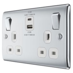 British General Nexus Metal 13A 2-Gang SP Switched Socket + 2.4A 22W 2-Outlet Type A & C USB Charger Polished Chrome with White Inserts