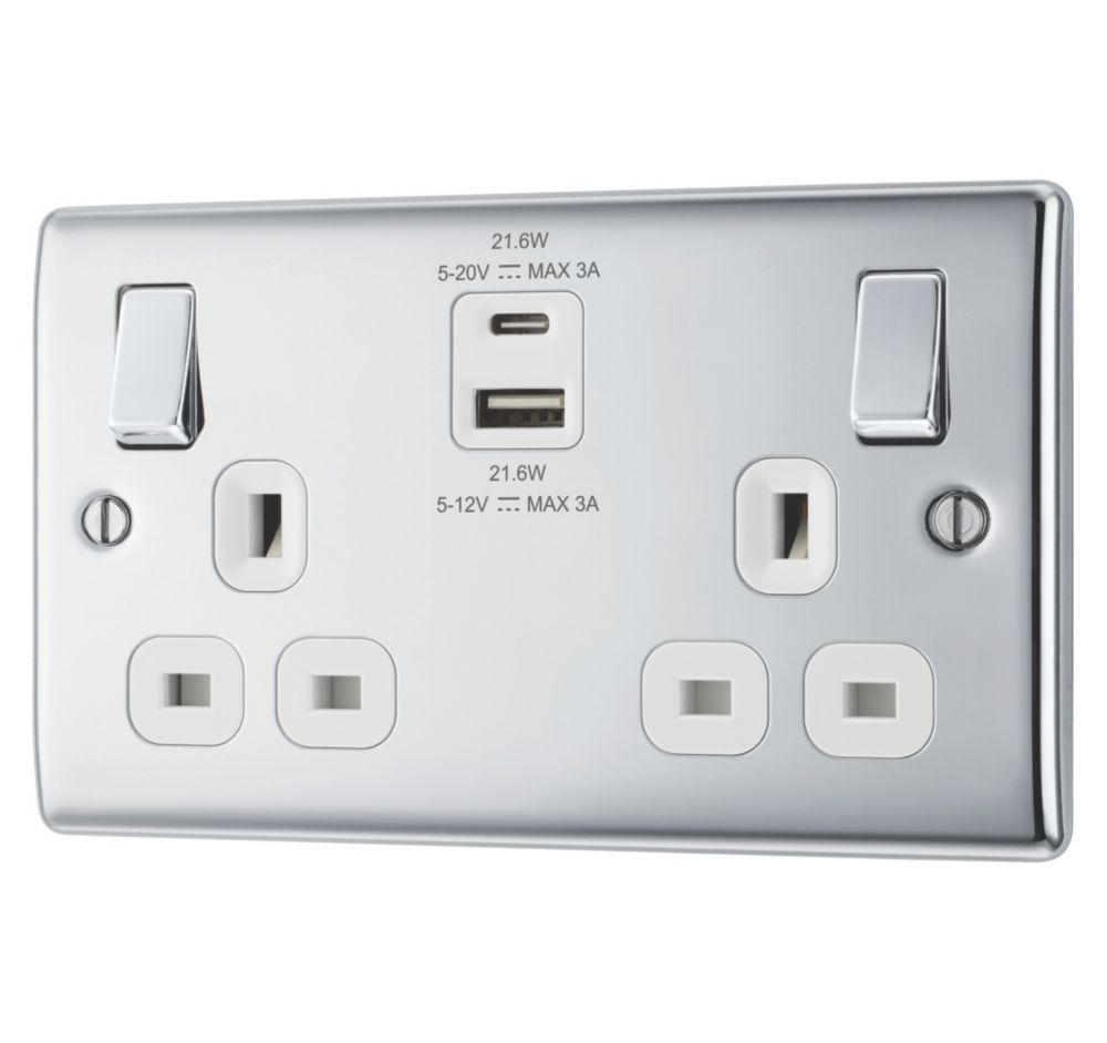 British General Nexus Metal 13A 2-Gang SP Switched Socket + 2.4A 22W 2-Outlet Type A & C USB Charger Polished Chrome with White Inserts