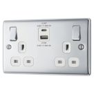 British General Nexus Metal 13A 2-Gang SP Switched Socket + 2.4A 22W 2-Outlet Type A & C USB Charger Polished Chrome with White Inserts
