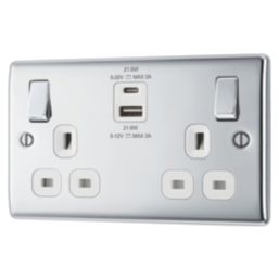 British General Nexus Metal 13A 2-Gang SP Switched Socket + 2.4A 22W 2-Outlet Type A & C USB Charger Polished Chrome with White Inserts