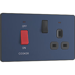 British General Evolve 45A 2-Gang 2-Pole Cooker Switch & 13A DP Switched Socket Blue with LED with Black Inserts