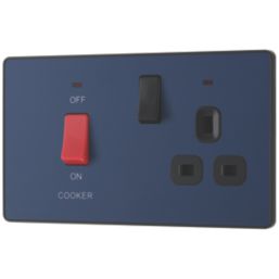 British General Evolve 45A 2-Gang 2-Pole Cooker Switch & 13A DP Switched Socket Blue with LED with Black Inserts