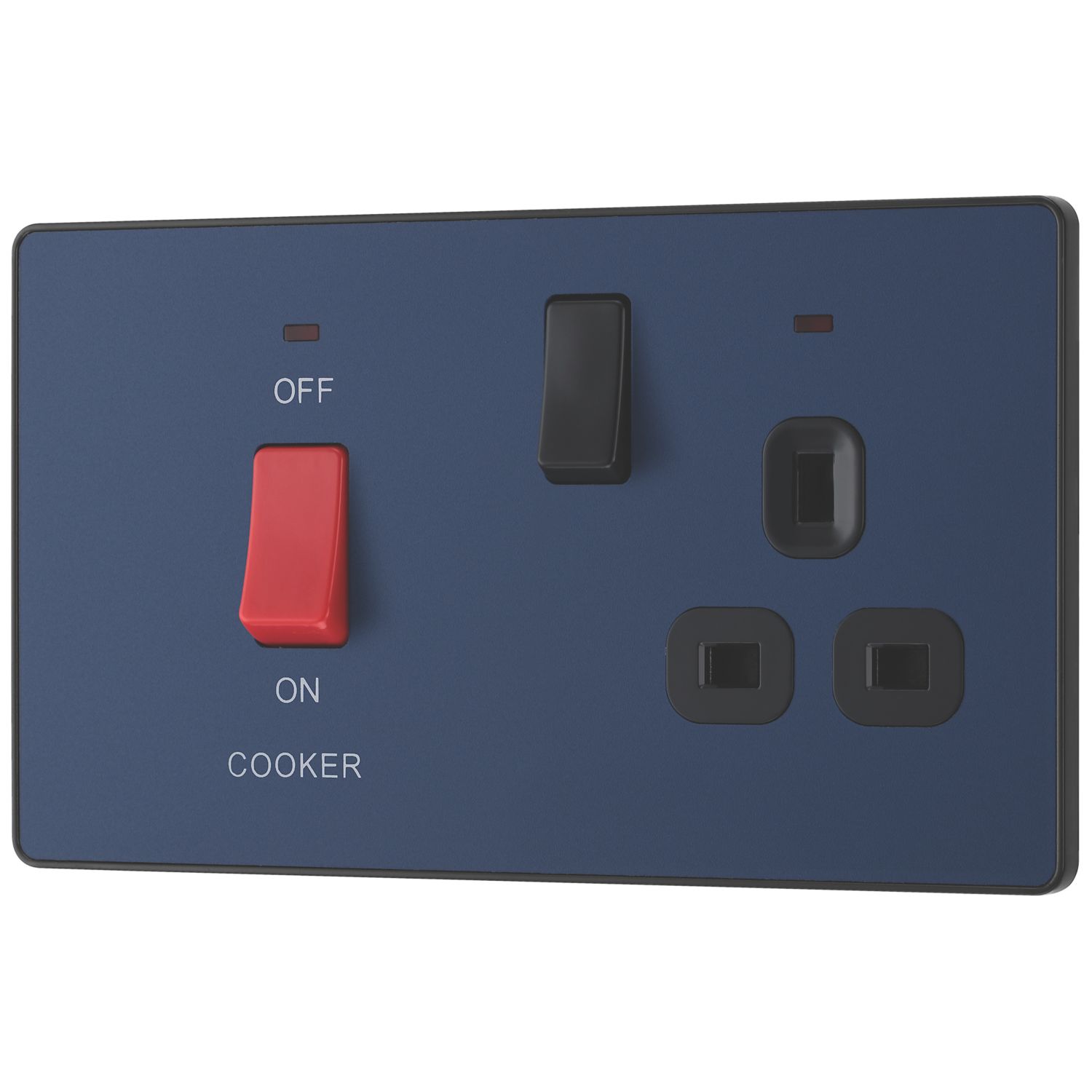 British General Evolve 45A 2-Gang 2-Pole Cooker Switch & 13A DP Switched Socket Blue with LED with Black Inserts (893PX)