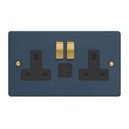 Varilight  13A 2-Gang SP Switched Socket + 3A 45W 2-Outlet Type C USB Charger Midnight Blue with Black Inserts