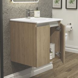 Newland  Double Door Wall-Mounted Vanity Unit with Basin Effect Natural Oak 500mm x 450mm x 540mm