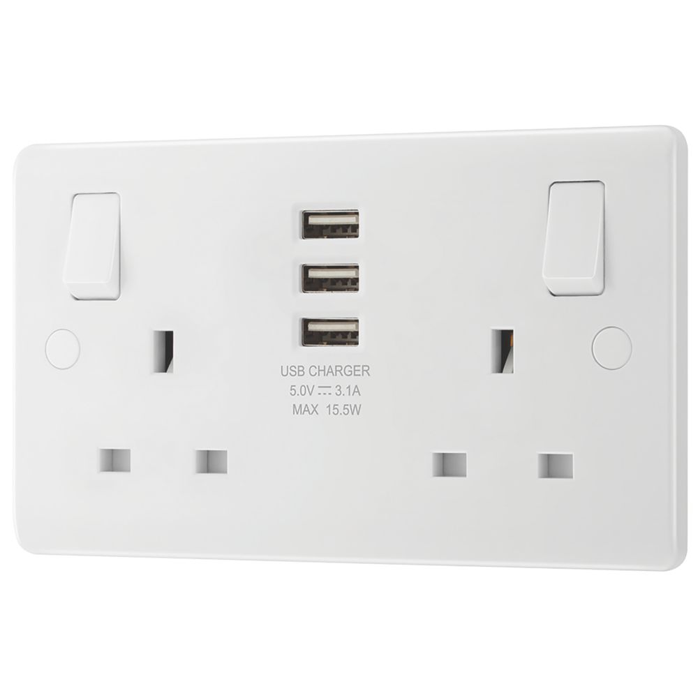 LAP  13A 2-Gang SP Switched Socket + 3.1A 15.5W 3-Outlet Type A USB Charger White