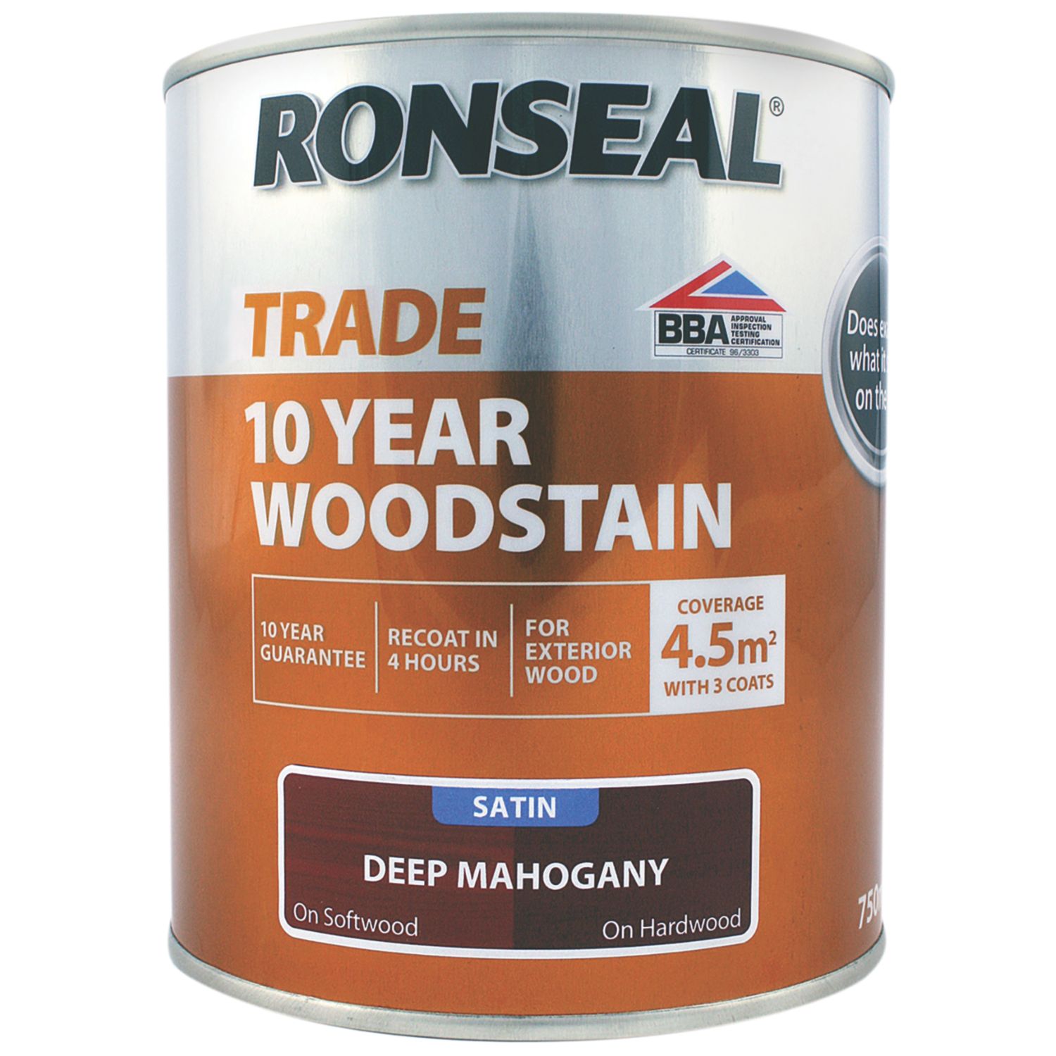 Ronseal 750ml Deep Mahogany Satin Water-Based Exterior Wood Stain (895FG)