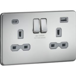 Knightsbridge  13A 2-Gang SP Switched Socket + 4.0A 20W 2-Outlet Type A & C USB Charger Polished Chrome with Grey Inserts