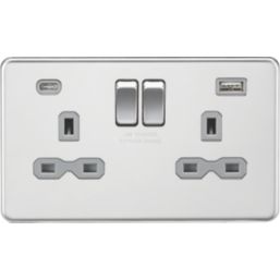 Knightsbridge  13A 2-Gang SP Switched Socket + 4.0A 20W 2-Outlet Type A & C USB Charger Polished Chrome with Grey Inserts