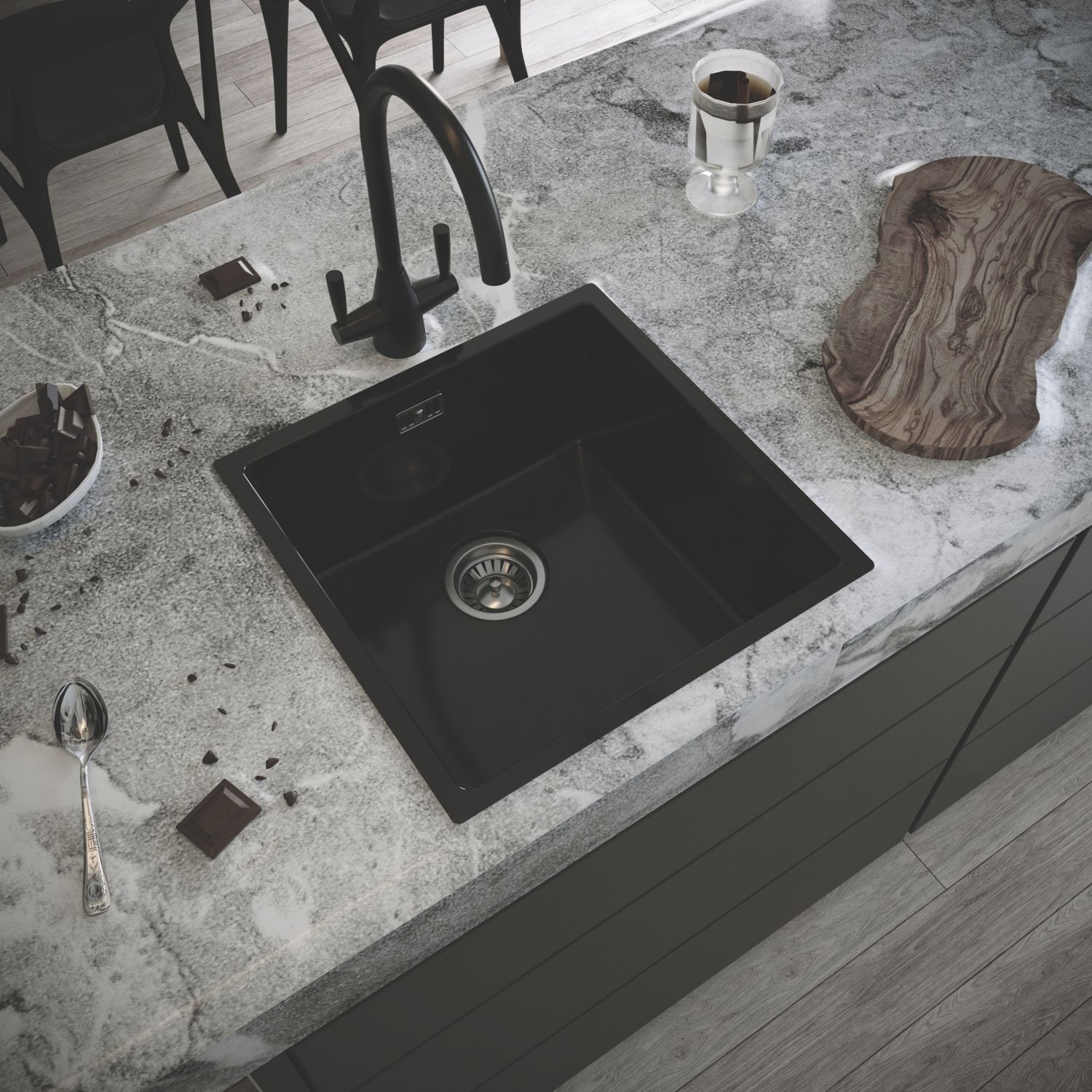 ETAL Comite 1 Bowl Composite Kitchen Sink Gloss Black 440mm x 440mm (895RG)