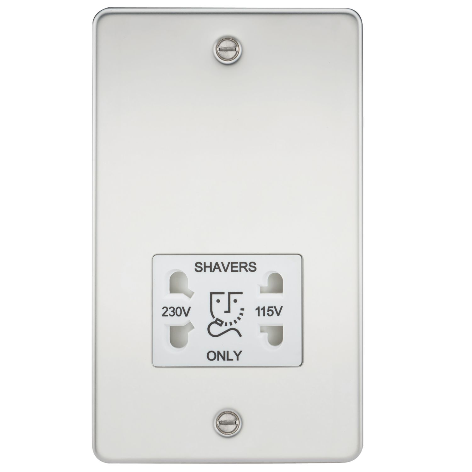 Knightsbridge 2-Gang Dual Voltage Shaver Socket 115 V / 230V Polished Chrome with White Inserts (895TY)