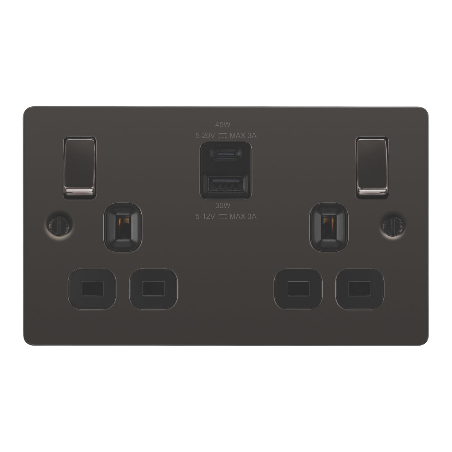 LAP 13A 2-Gang SP Switched Socket + 3A 45W 2-Outlet Type A & C USB Charger Black Nickel with Black Inserts (897PN)