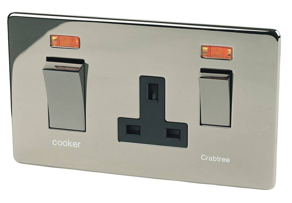 Crabtree Platinum 45A 2-Gang DP Cooker Switch & 13A DP Switched Socket Black Nickel with Neon with Black Inserts