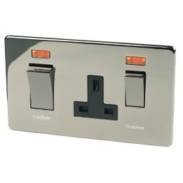 Crabtree Platinum 45A 2-Gang DP Cooker Switch & 13A DP Switched Socket Black Nickel with Neon with Black Inserts