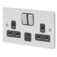 MK Edge 13A 2-Gang DP Switched Socket + 2A 2-Outlet Type A USB Charger Polished Chrome with Black Inserts