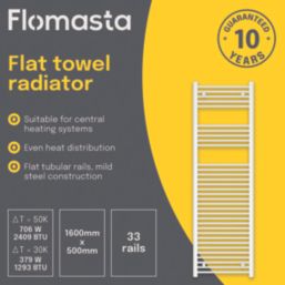 Flomasta 1600mm x 500mm 2409BTU White Flat  Towel Radiator