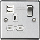Knightsbridge  13A 1-Gang SP Switched Socket + 2.4A 12W 2-Outlet Type A USB Charger Brushed Chrome with White Inserts