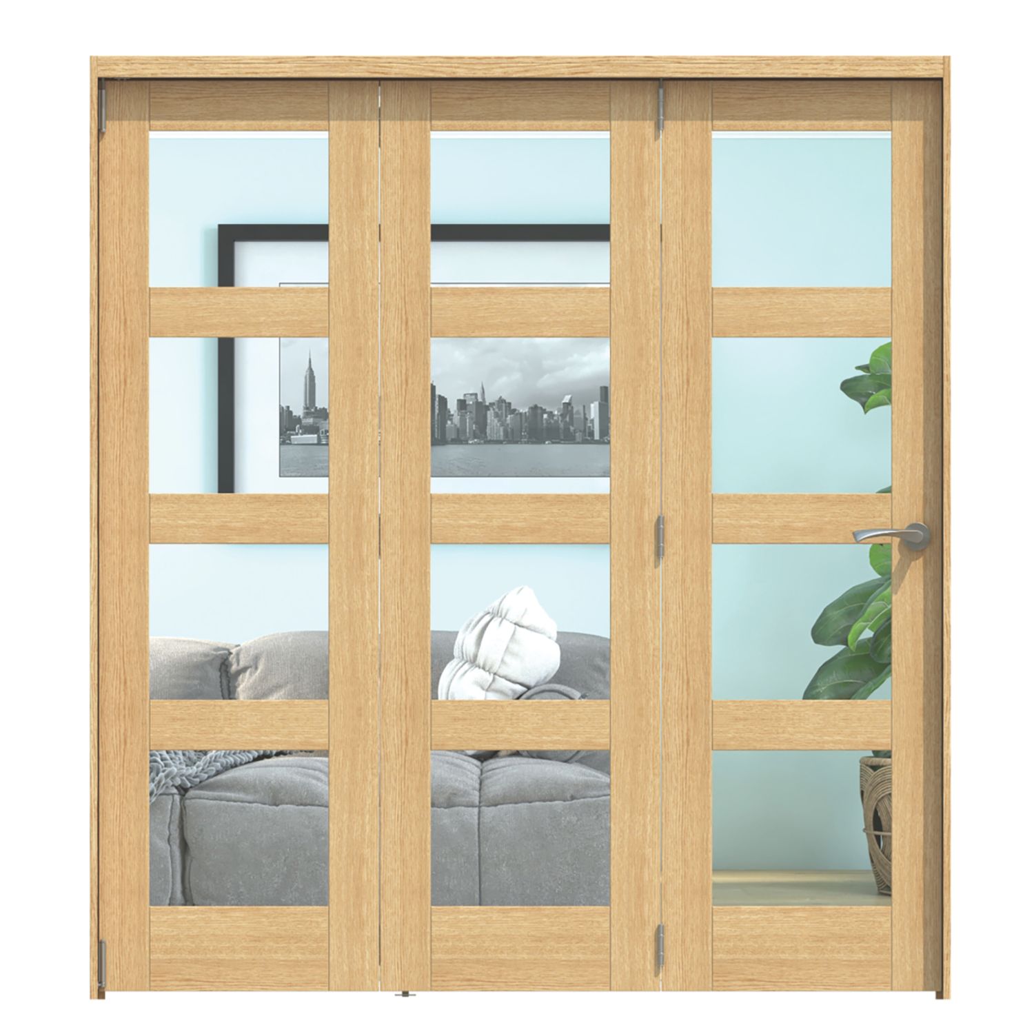 Green & Taylor 3-Door 4-Clear Light Satin Lacquered Oak Wooden Shaker Internal Bi-Fold Fully Finished Door 2060mm x 1905mm (903CT)