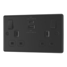 LAP 13A 2 Gang SP Switched Socket 3A 45W 2 Outlet Type A C USB Charger Matt Black with Black Inserts Screwfix