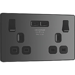 British General Evolve 13A 2-Gang SP Switched Socket + 3.1A 2-Outlet Type A USB Charger Black with Black Inserts