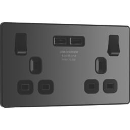 British General Evolve 13A 2-Gang SP Switched Socket + 3.1A 15.5W 2-Outlet Type A USB Charger Black Chrome with Black Inserts