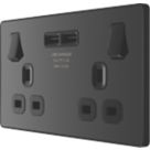 British General Evolve 13A 2-Gang SP Switched Socket + 3.1A 15.5W 2-Outlet Type A USB Charger Black Chrome with Black Inserts
