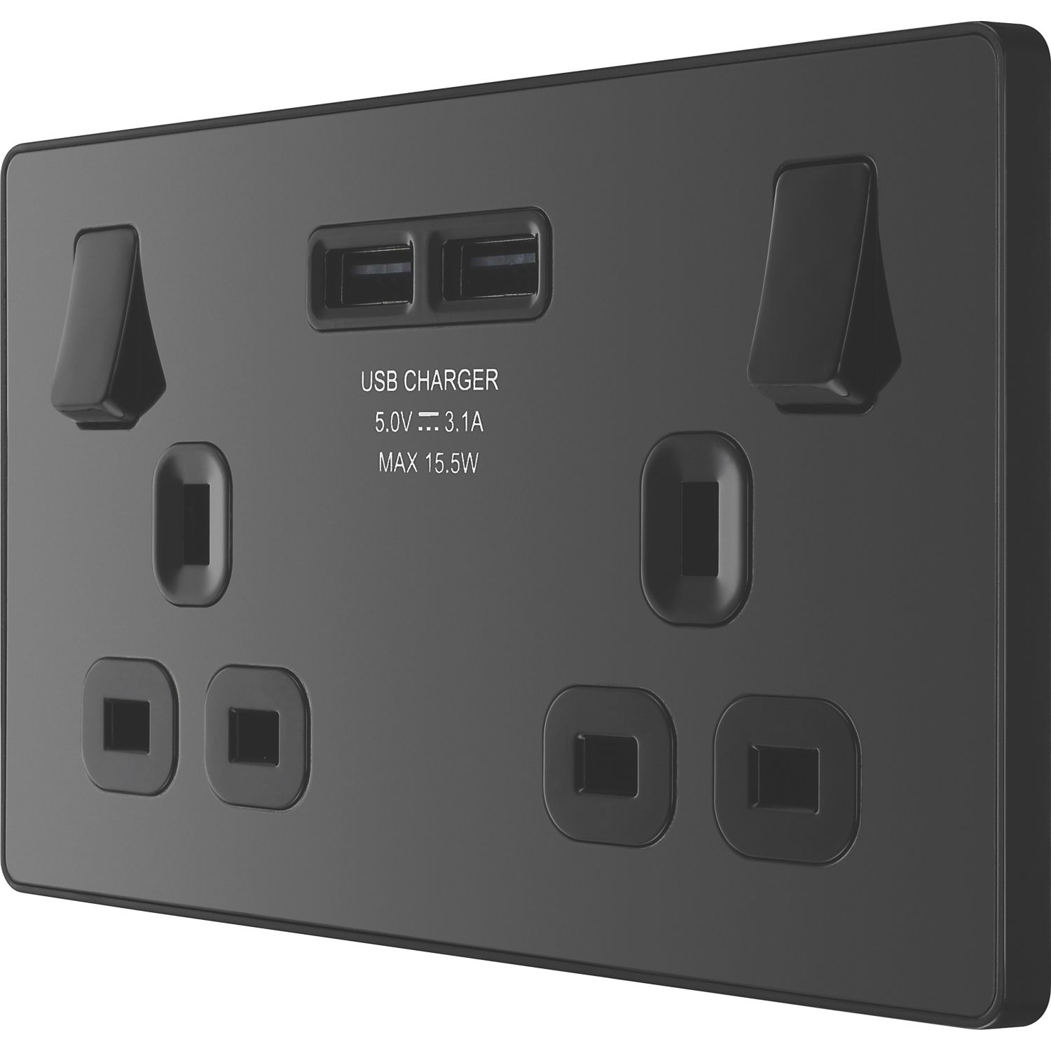 British General Evolve 13A 2-Gang SP Switched Socket + 3.1A 15.5W 2-Outlet Type A USB Charger Black Chrome with Black Inserts (906RF)