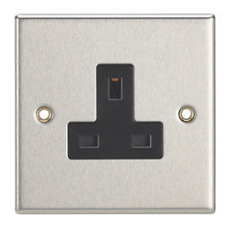 Contactum iConic 13A 1-Gang Unswitched Socket Brushed Steel with Black Inserts