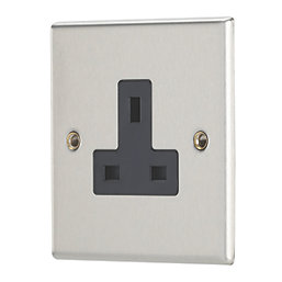 Contactum iConic 13A 1-Gang Unswitched Socket Brushed Steel with Black Inserts