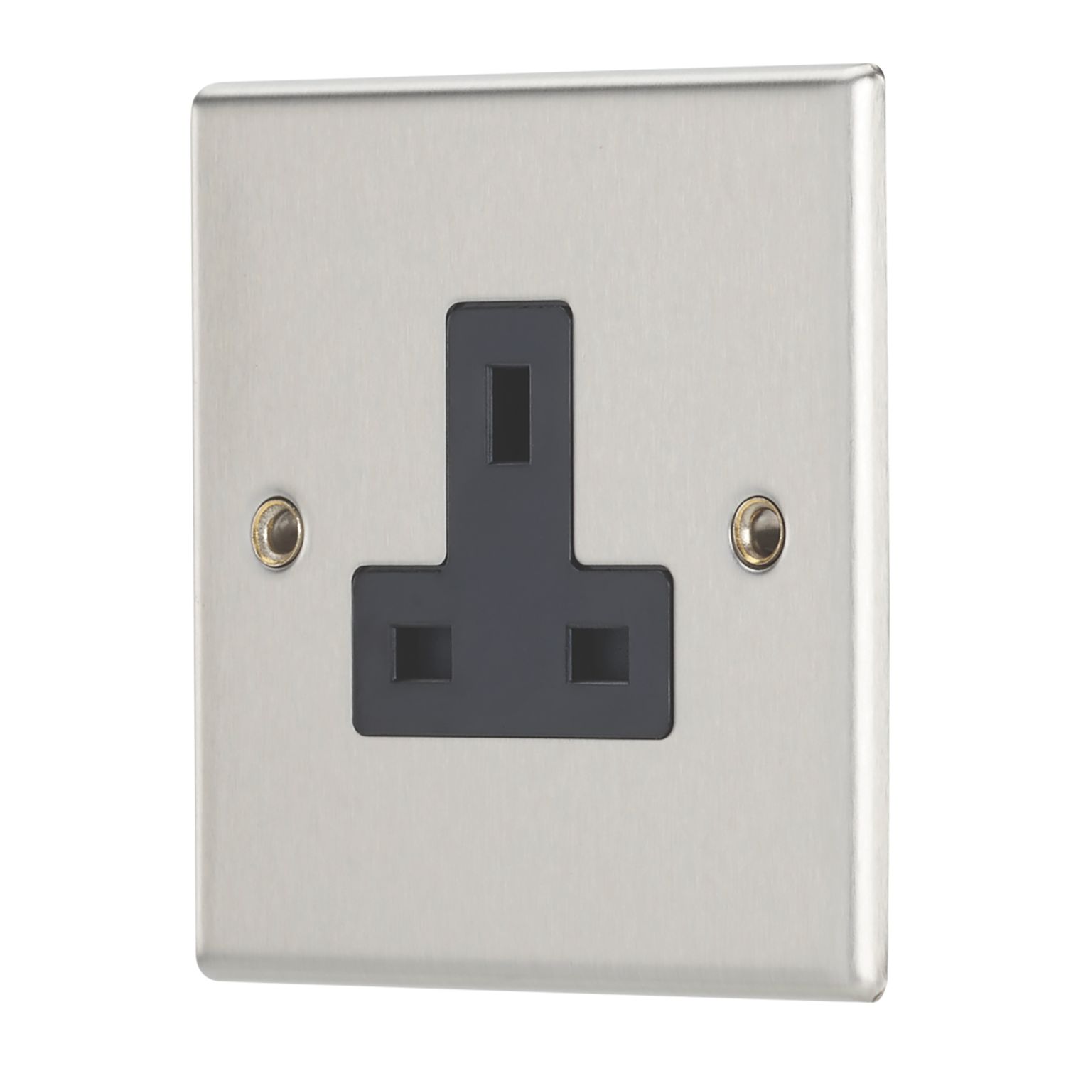 Contactum iConic 13A 1-Gang Unswitched Socket Brushed Steel with Black Inserts (907RP)