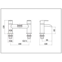 ETAL Water Polished Chrome 130mm Deck Mounted Lever 2 Tap Holes Bath Mixer Tap