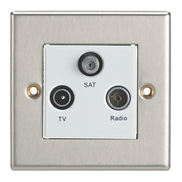 Contactum iConic 1-Gang Coaxial TV / FM & Satellite Socket Brushed Steel with White Inserts