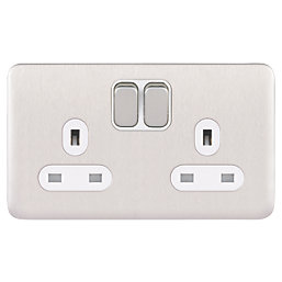 Schneider Electric Lisse Deco 13A 2-Gang DP Switched Plug Socket Brushed Stainless Steel  with White Inserts