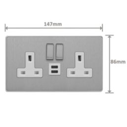 Varilight  13A 2-Gang SP Switched Socket + 3A 45W 2-Outlet Type C USB Charger Brushed Steel with White Inserts