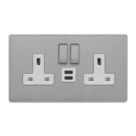 Varilight  13A 2-Gang SP Switched Socket + 3A 45W 2-Outlet Type C USB Charger Brushed Steel with White Inserts
